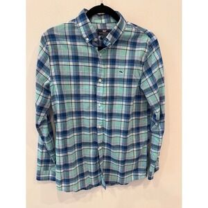 Vineyard Vines Boys XL 18 Whale Shirt Blue Green Plaid Button Down Long Sleeve